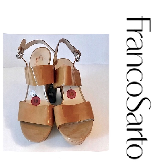 New Franco Sarto Genuine Leather Patent Wedge Sandal Colour Neutral Tan Size 10 - Picture 3 of 5